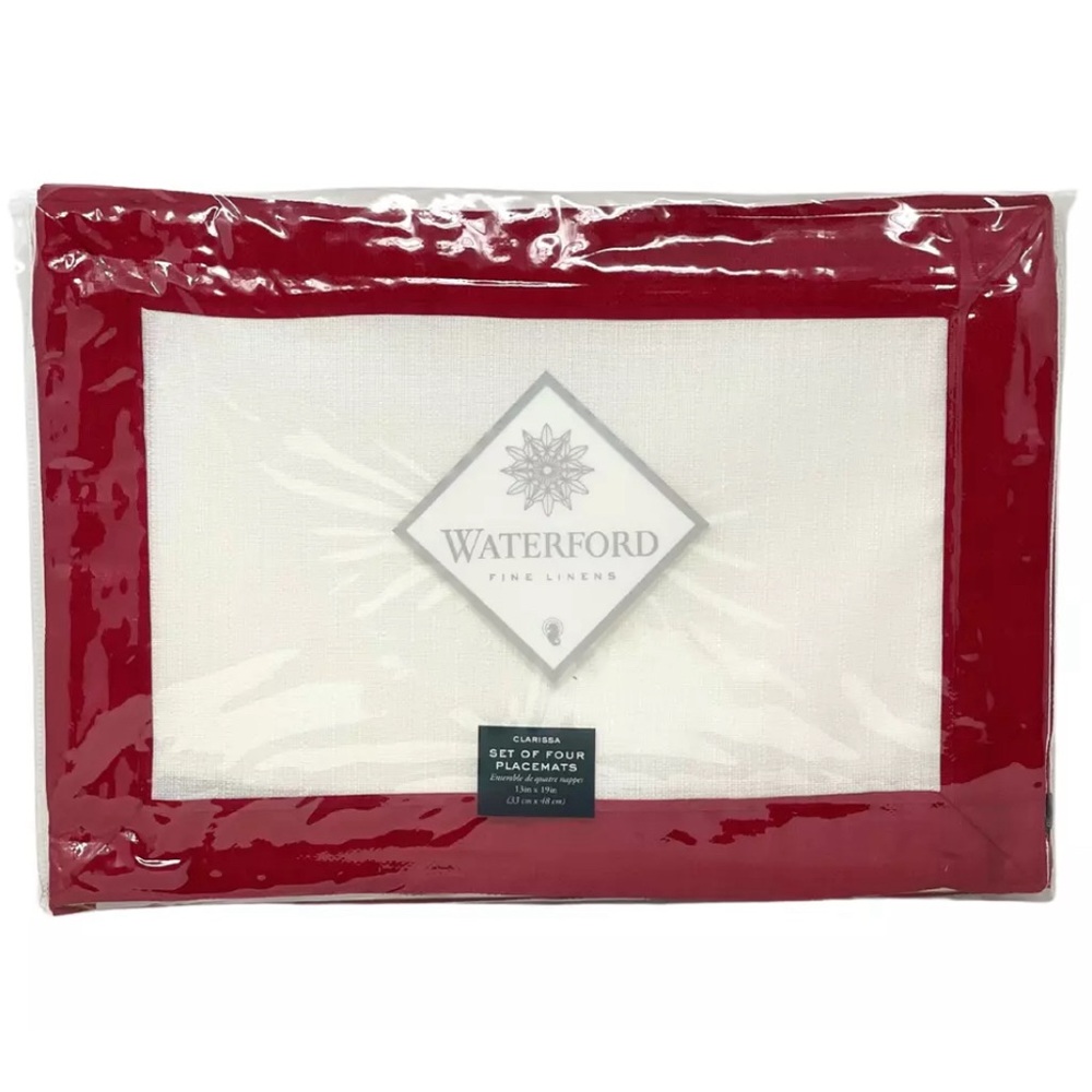 WATERFORD Set of FOUR 13" x 19" Christmas Holiday Placemats Clarissa Red & White